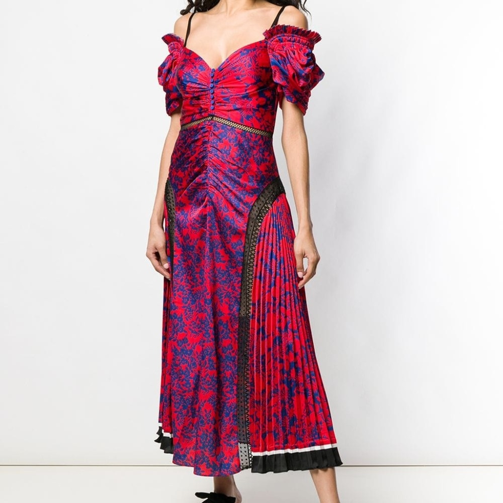 SELF-PORTRAIT printed pleated cold shoulder dress